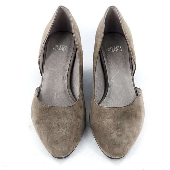 EILEEN FISHER Lily Gray Suede Half D'Orsay Wedge Heel Pump - Picture 3 of 8